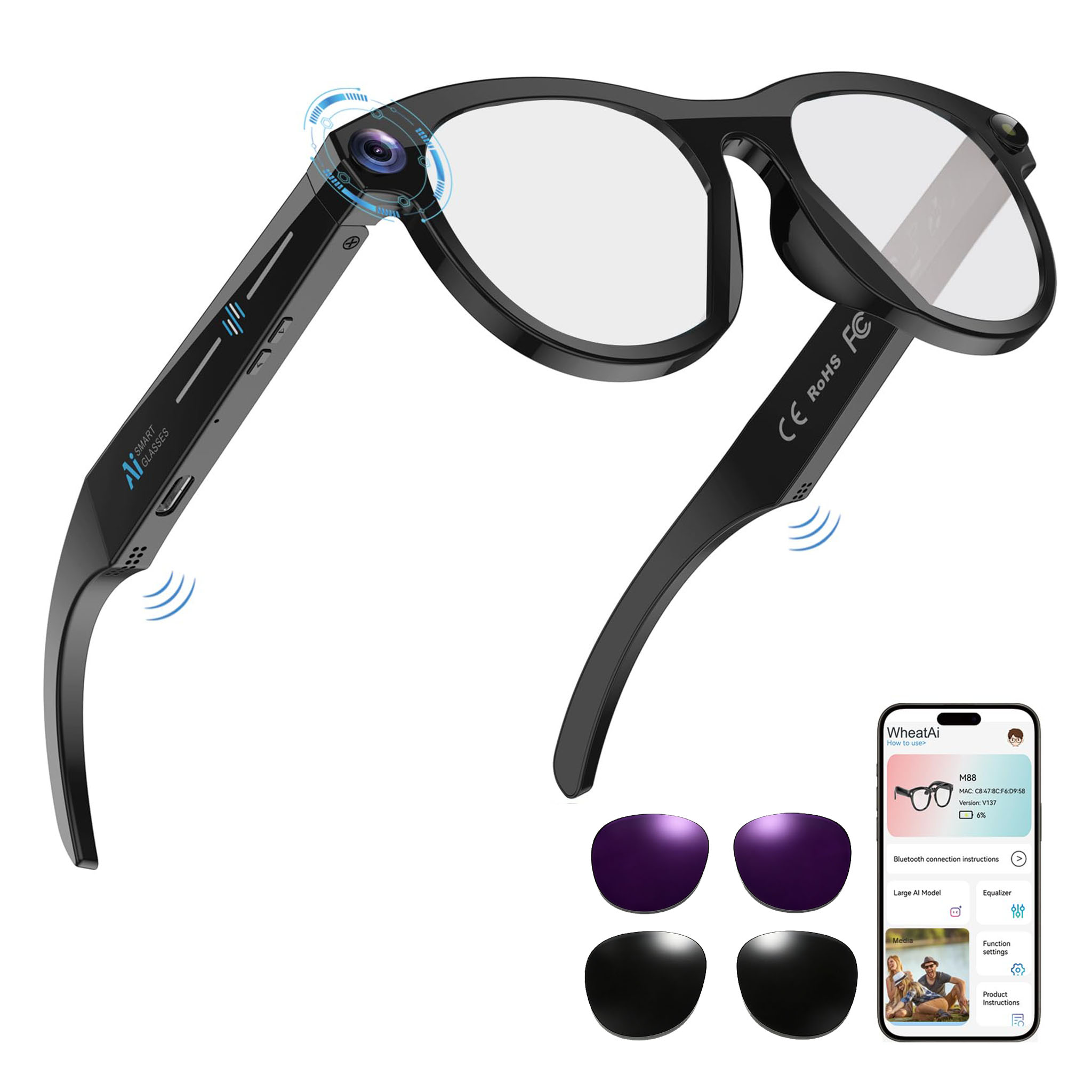 Black Smart Ai Glasses for Men - Audio Music Arabic บทวิจารณ์และราคา